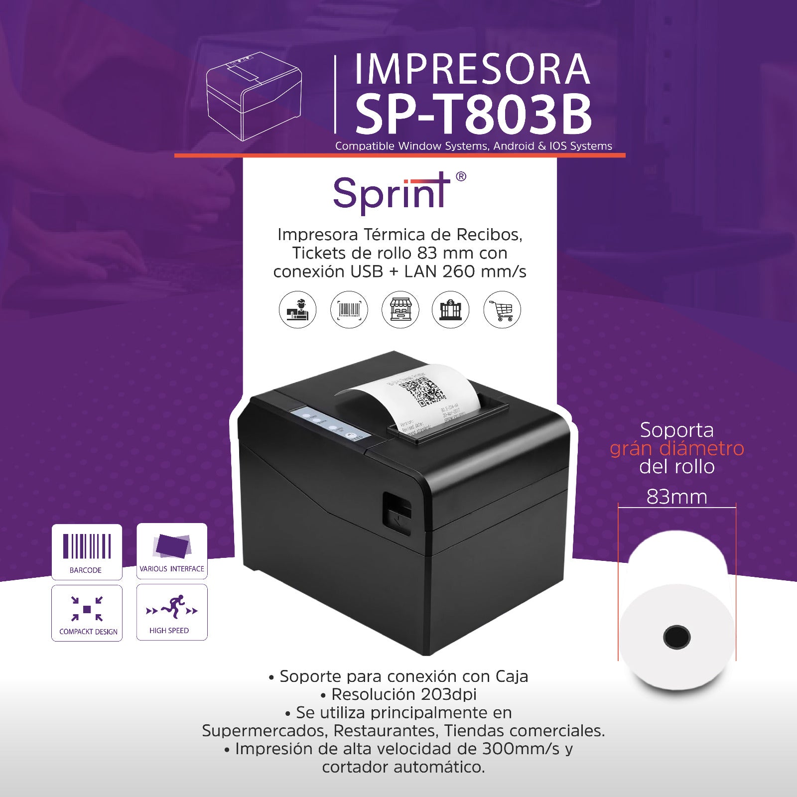 IMPRESORA TÉRMICA Sprint SP-T803B | 83mm/260mm/s | USB + LAN | POS
